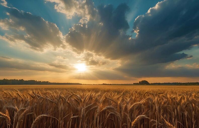 View over field of wheat at sunset