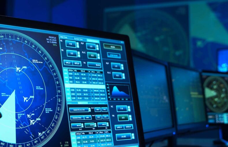 Screens of the traffic controllers in the control tower