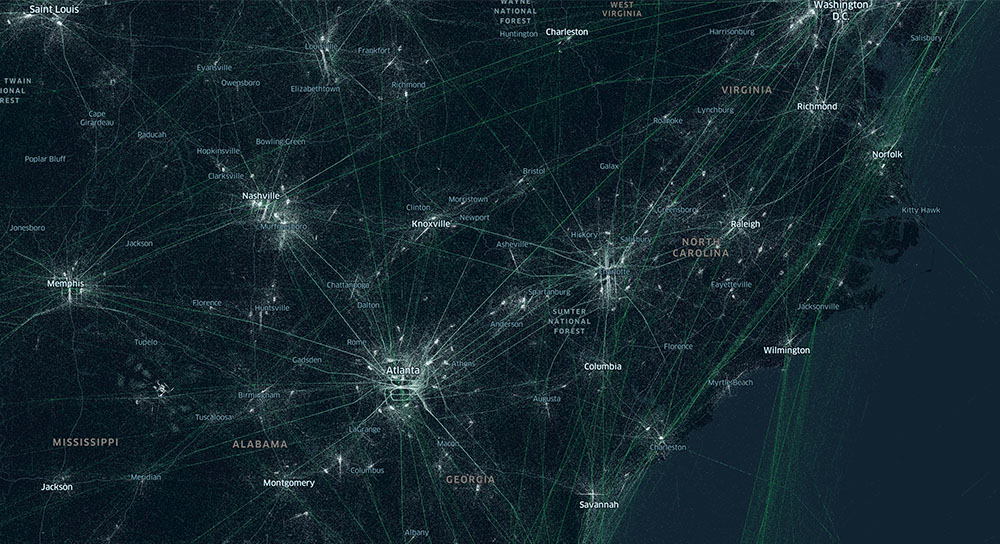 Air traffic overview of southeastern United States after Storm Izzy