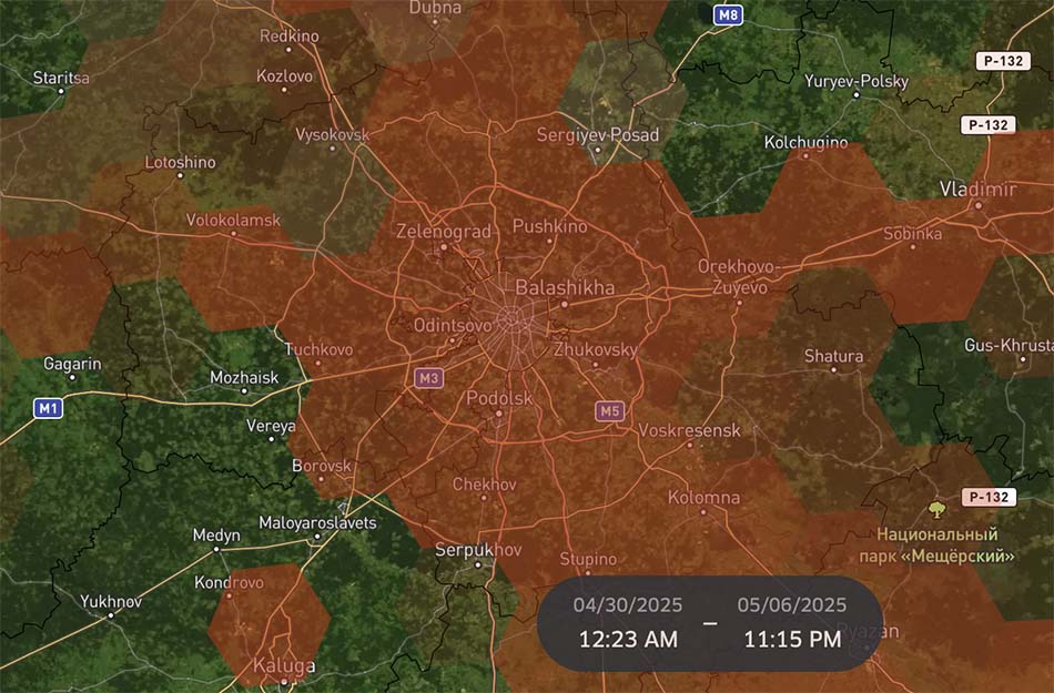 Figure 1: Spire Aviation GNSS interference data in and around Moscow from April 30 - May 6, 2025