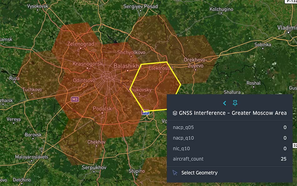 Figure 2: Spire Aviation GNSS interference data in Moscow from May 7 - 9, 2025 (NACp_q05=0, aircraft count > 20)