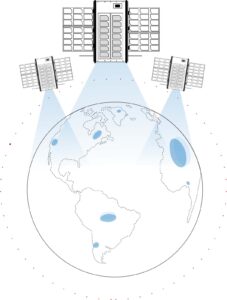 Illustration of three satellites monitoring Earth for greenhouse gas emissions