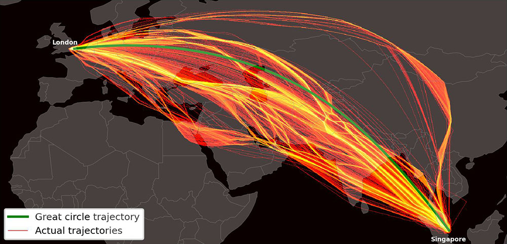Map showing the lateral and vertical trajectory that is flown by flights between London Heathrow Airport (LHR) and Singapore Changi Airport (SIN) between 2019 and 2021