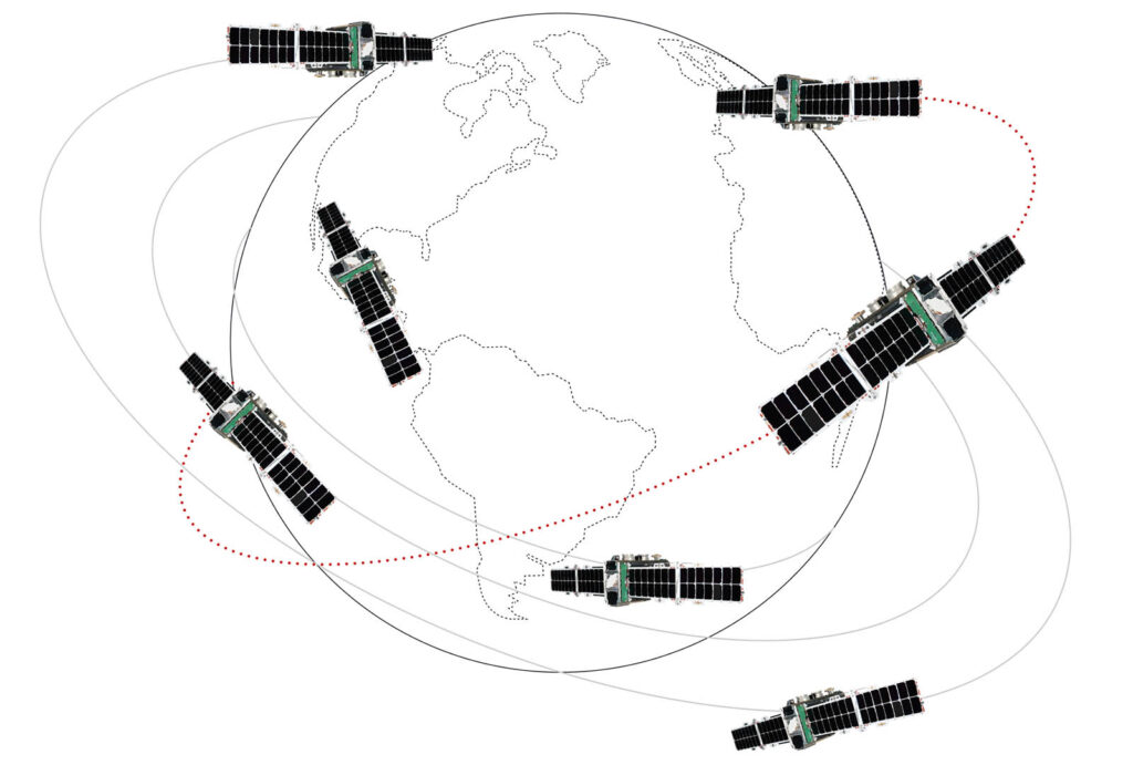 Constellation of satellites orbiting Earth illustration
