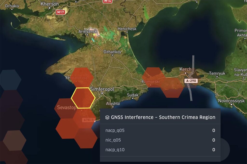 Map of the Southern Crimea region GNSS interference data from March 12 - March 28, 2025