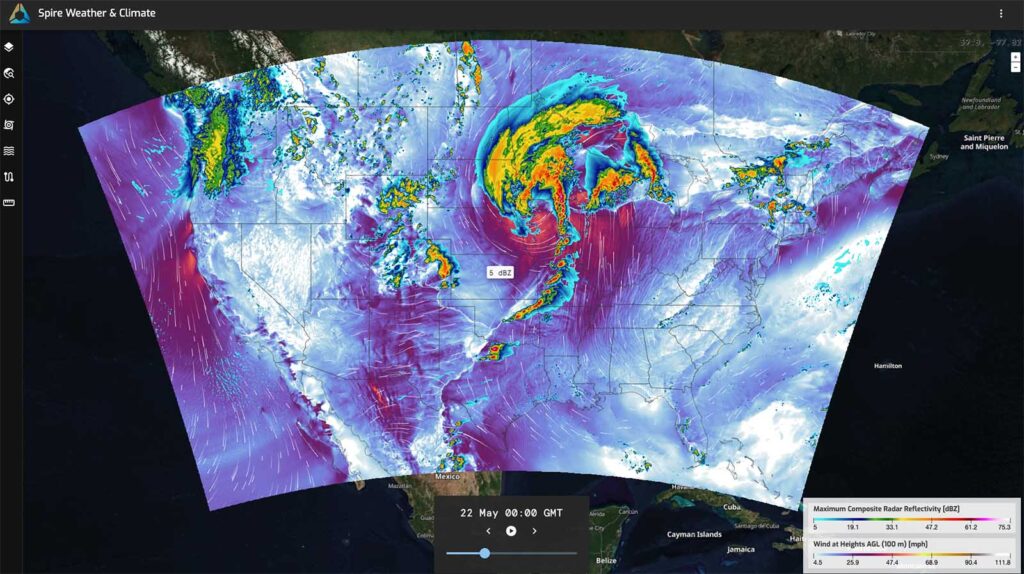 A snapshot of the Spire High-Resolution Forecast depicts severe weather in the heartland of the United States, showing both maximum composite radar reflectivity (dBZ) and winds at 100 m (mph)